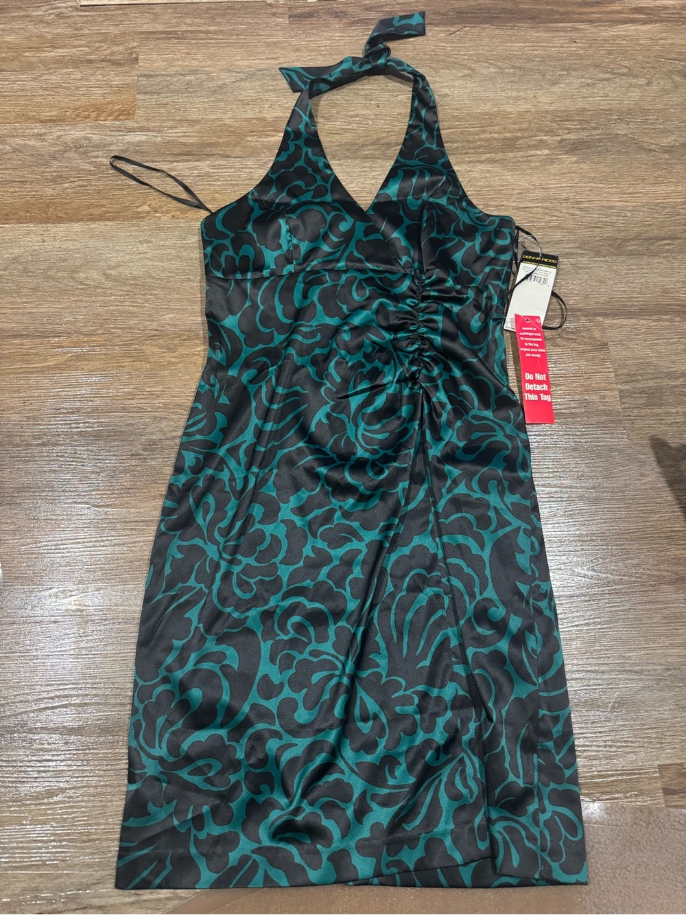 Donna Ricco Teal and Black One-Shoulder Floral Halter Dress